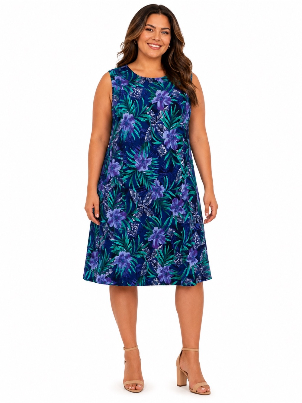 ABG Woman Blue Tropical Floral Shift Dress Plus Size 20W Sleeveless Casual